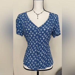 🔥Mango Button Up Shirt Top Blouse Blue Floral Large